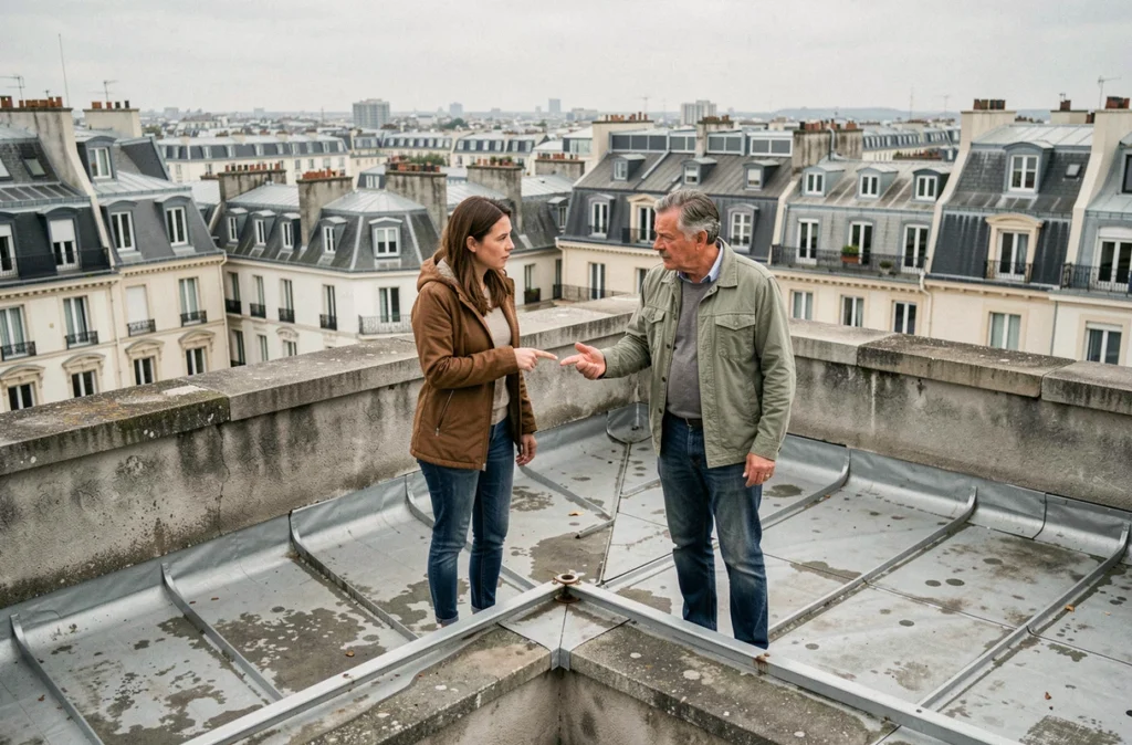 Deux voisins discutant d'autorisations de travaux sur une toiture partagée d'immeuble parisien