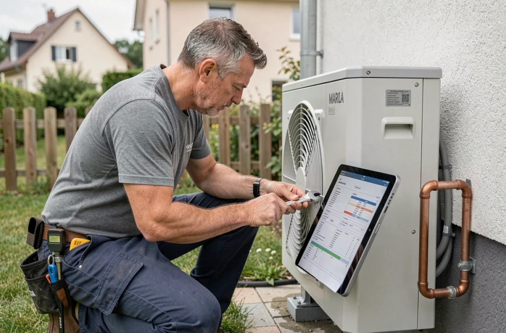 Technicien d'AMS Clim Énergie à Marly installant une pompe à chaleur air-air sur la facade d'une maison résidentielle