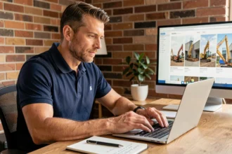 Artisan du bâtiment optimisant son profil professionnel en ligne sur un ordinateur portable dans un bureau à domicile moderne
