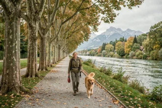 Femme promenant son chien sur le chemin de l'Île Verte à Grenoble avec vue sur la Chartreuse