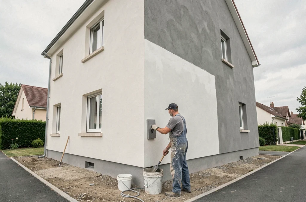 Équipe de Bati Façades à Yutz appliquant un enduit isolant sur la façade d'une maison résidentielle