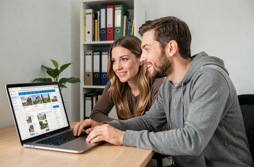 Couple recherchant un logement social en ligne via une plateforme d'annonces