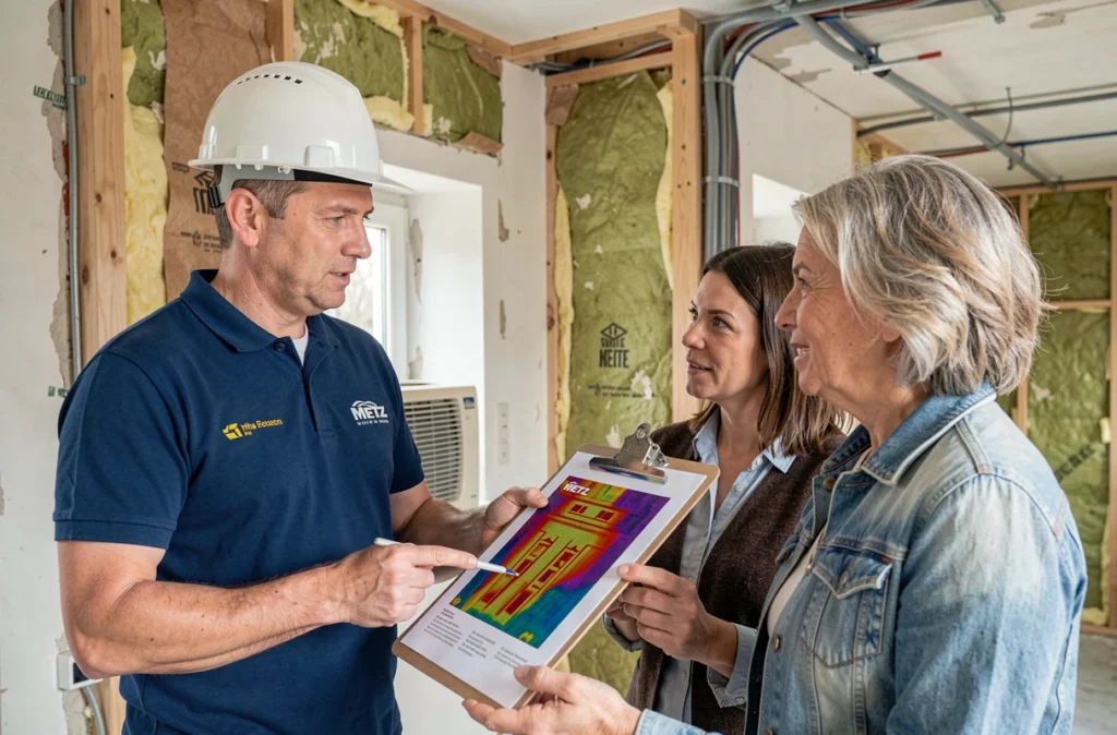 Conseiller en rénovation énergétique d'Eco Habitat Conseil à Metz présentant un audit thermique à des propriétaires