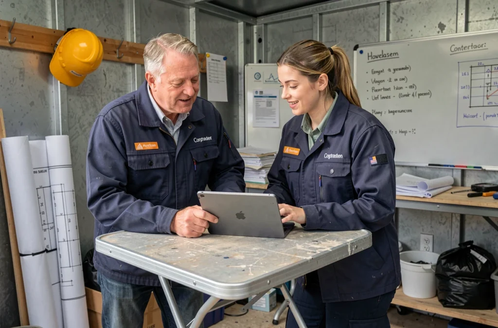 Deux professionnels du bâtiment analysant ensemble un profil d'entreprise sur une tablette dans un bureau de chantier