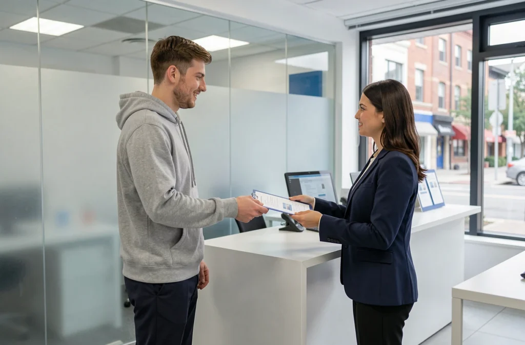 Étudiant remettant un dossier de caution à une agente immobilière dans une agence de location
