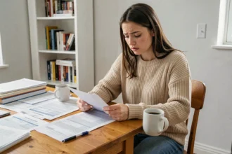 Étudiante lisant un contrat de bail à la table de son appartement avec des documents de caution éparpillés