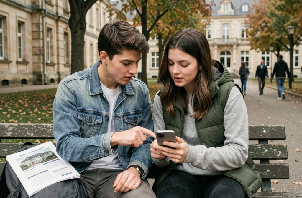 Deux étudiants consultant des informations sur la caution logement sur un smartphone en campus universitaire