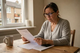 Femme consultant des documents de demande de logement social à son domicile