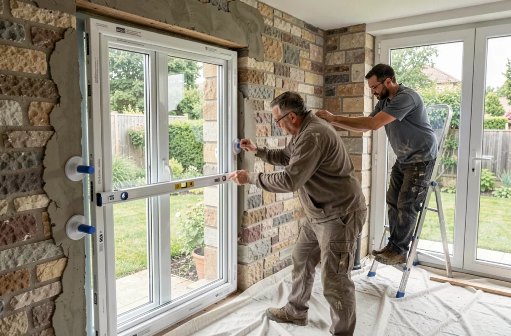 Technicien de Fenêtres et Fermetures de l'Est à Roncourt posant une fenêtre double vitrage en PVC dans une maison en pierre
