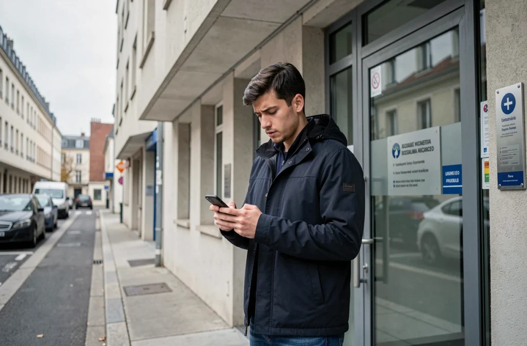 Jeune homme consultant LOC'annonces sur smartphone devant un organisme de logement social