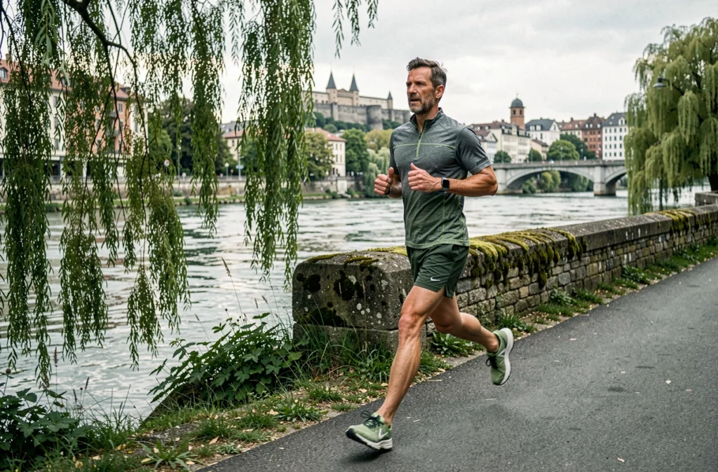 Jogger courant sur le chemin de l'Île Verte à Grenoble avec la Bastille en arrière-plan