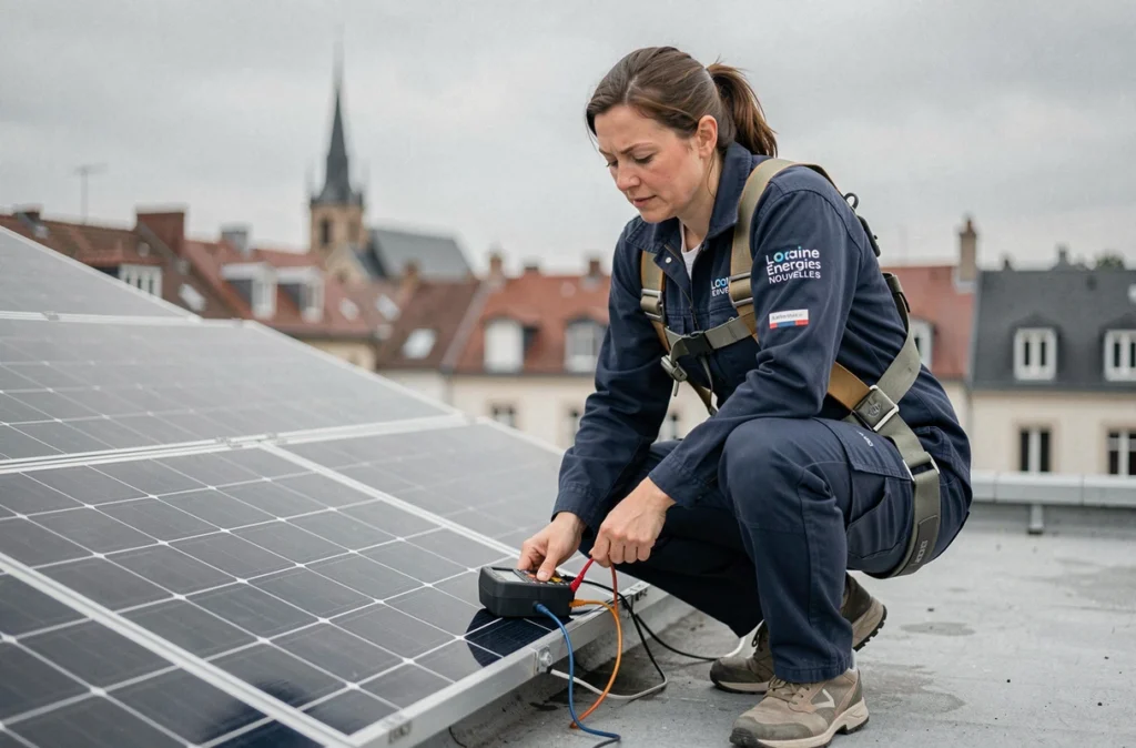 Ingénieure de Lorraine Énergies Nouvelles inspectant des panneaux solaires installés sur un toit à Metz