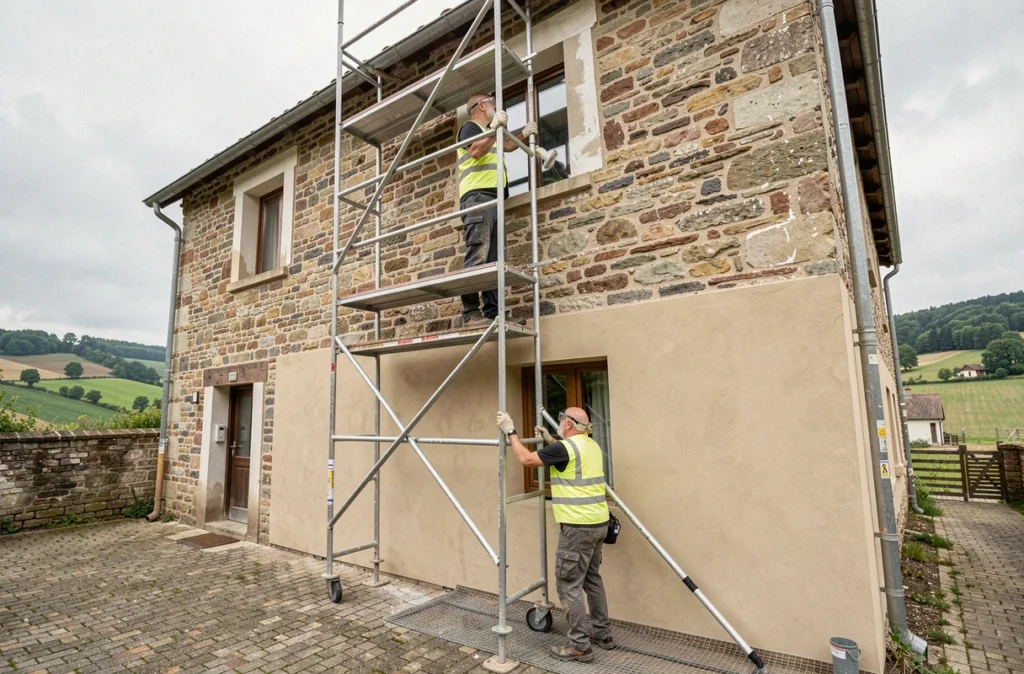 Équipe de Moselle Façades du secteur Faulquemont appliquant un enduit thermique sur la façade d'une ferme mosellane
