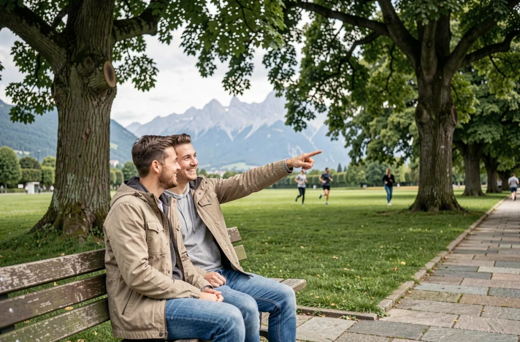 Couple se reposant sur un banc du parc Île Verte avec vue sur le massif de Belledonne à Grenoble
