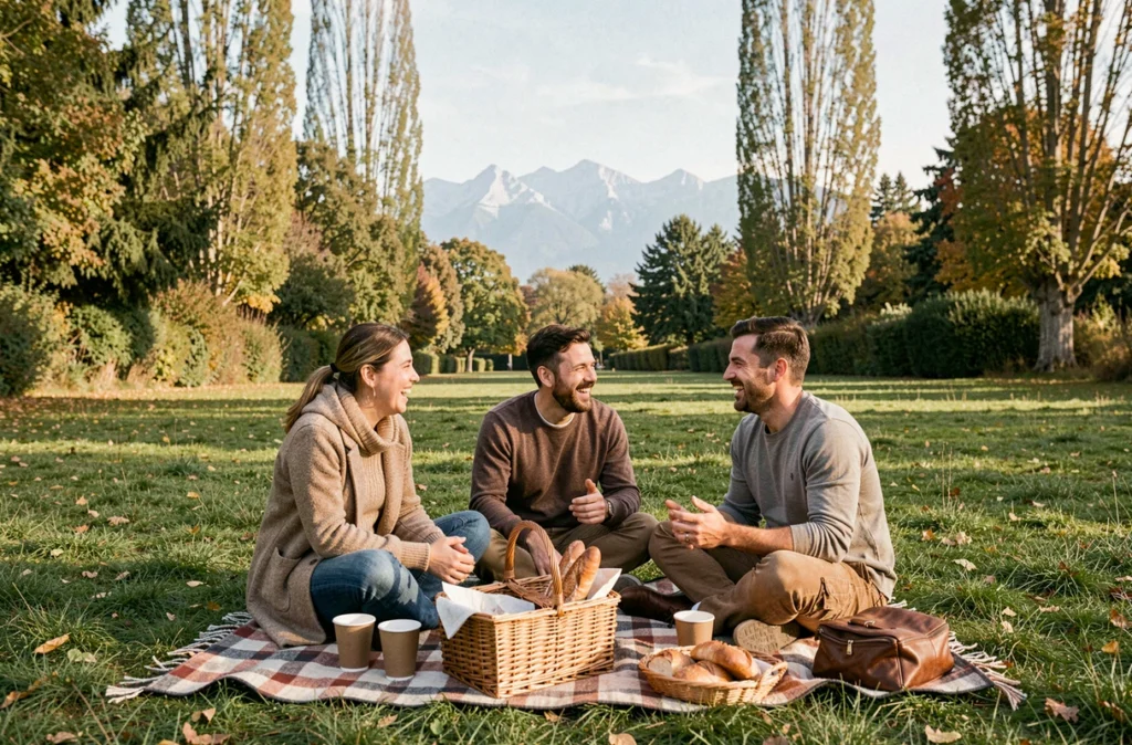 Groupe d'amis en pique-nique sur la pelouse du parc de l'Île Verte à Grenoble