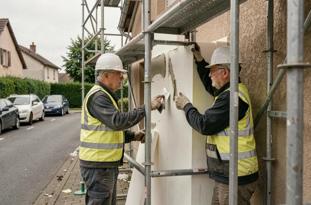Ouvriers de Plâtrerie et Isolation Est posant des panneaux d'isolation thermique par l'extérieur sur une maison du secteur Thionville