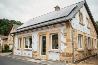 Vue large d'une maison rénovée énergétiquement en Moselle avec isolation extérieure, fenêtres double vitrage et panneaux solaires