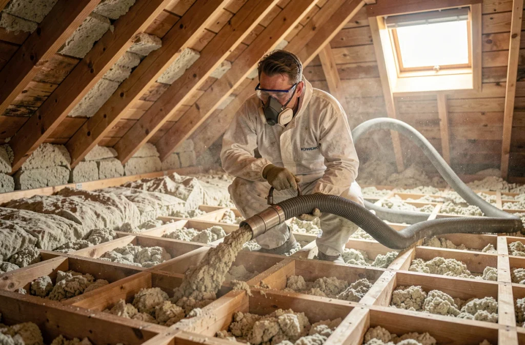 Spécialiste de Stenger Isolation à Goetzenbruck soufflant de la ouate de cellulose dans les combles d'une maison résidentielle