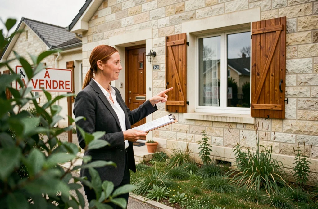 Agent immobilier présentant une maison à vendre avec panneau et contrat de location-vente