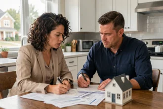 Couple examinant un contrat de location avec option d'achat immobilier à leur table de cuisine