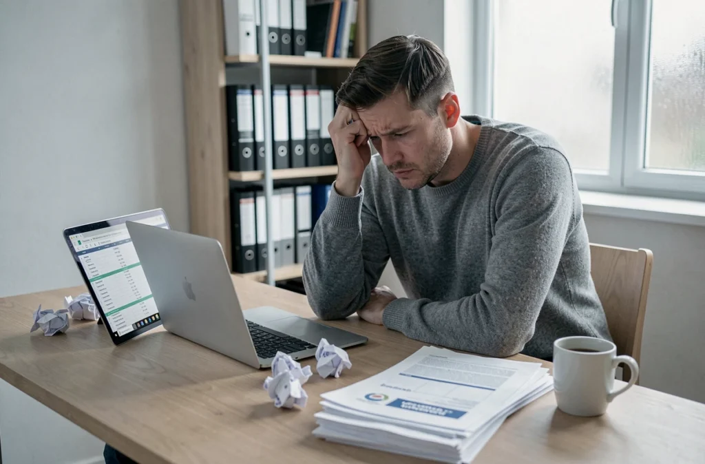 Homme stressé face aux erreurs financières d'un contrat de location avec option d'achat